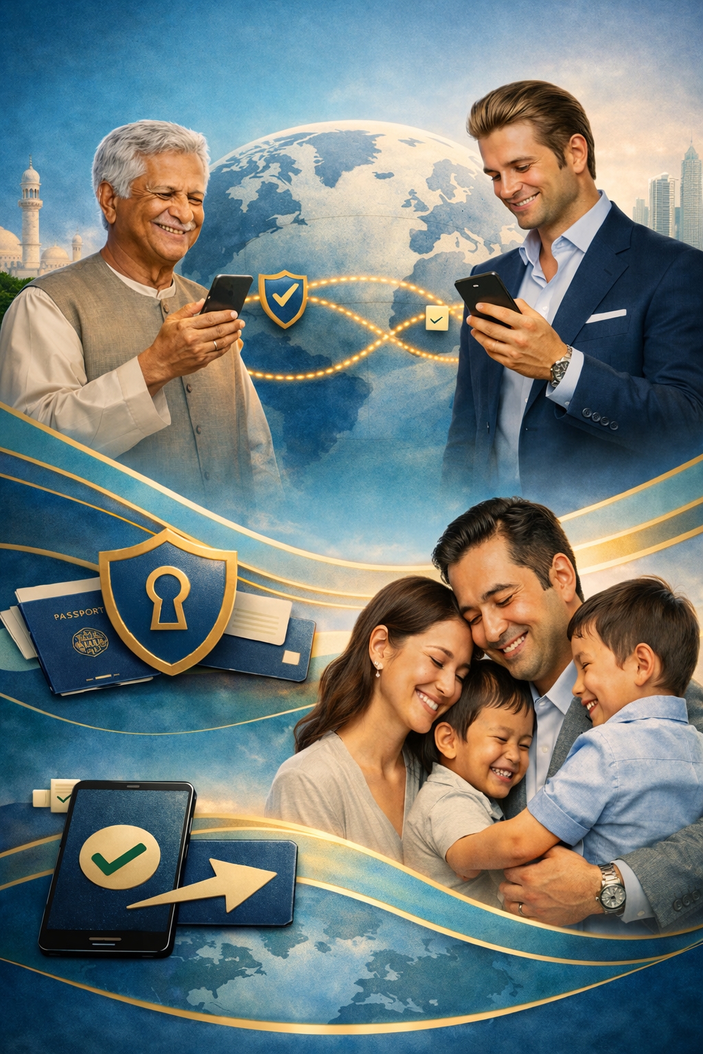 Illustration of secure EUR fiat-to-crypto, identity verification, and family support
